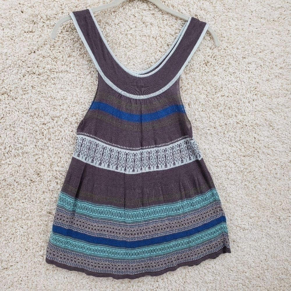 Free People Women US XS knit tank top blue brown turquoise bohemian print linen